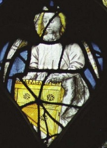 Angel with clavicymbalum: 15C window in church of Notre-Dame, Caudebec-en-Caux, France. From http://www.apemutam.org/instrumentsmedievaux/pages/clavic.html (accessed 1.12.15).