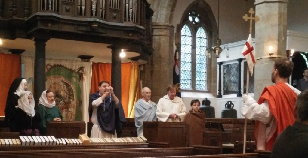 Anglo-Saxon Harrowing of Hell_St. Oswald's Church, Durham, 2016: Christ before the Ancient Righteous in Hell. Abraham in chains (Craig Thompson), Christ (Mark Chambers), Ancient Righteous. Photo: Mike Huxtable.