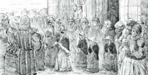 Drawing by Peter Gaber, specially commissioned for the exhibition, imagining the Boy Bishop in procession at Durham Cathedral with his attendants.